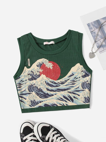 ROMWE Wave Graphic Ribbed Tank Top