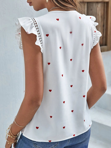 Heart Print Guipure Lace Detail Flutter Sleeve Blouse
