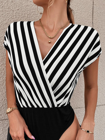 Striped Dolman Sleeve Overlap Collar Bodysuit