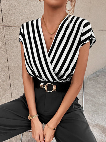 Striped Dolman Sleeve Overlap Collar Bodysuit