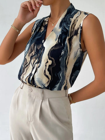 Marble Print Button Front Blouse
