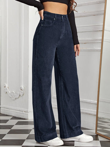 High Waist Slant Pocket Cord Pants