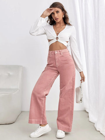 High Waist Slant Pocket Cord Pants