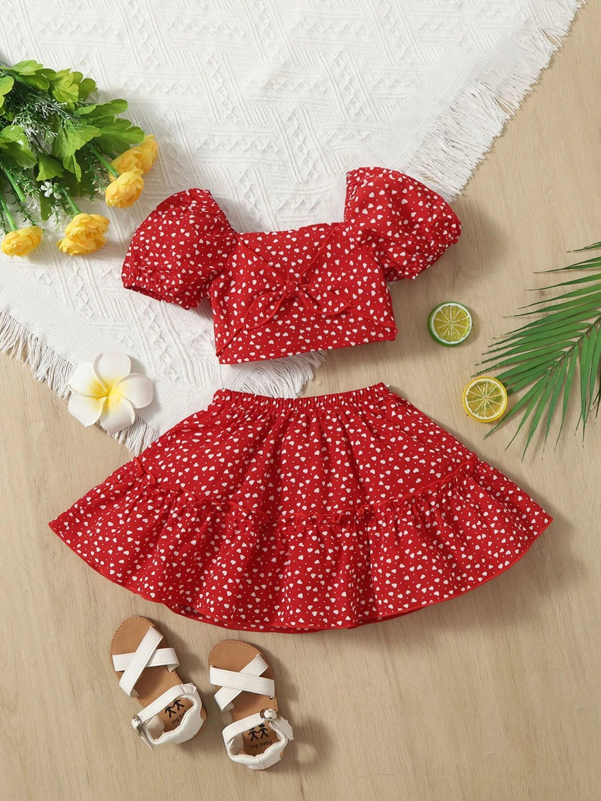 Baby Confetti Heart Print Knot Front Top & Frill Trim Skirt