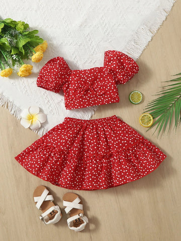 Baby Confetti Heart Print Knot Front Top & Frill Trim Skirt