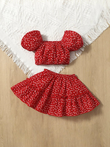 Baby Confetti Heart Print Knot Front Top & Frill Trim Skirt