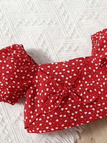 Baby Confetti Heart Print Knot Front Top & Frill Trim Skirt