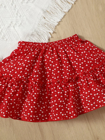 Baby Confetti Heart Print Knot Front Top & Frill Trim Skirt