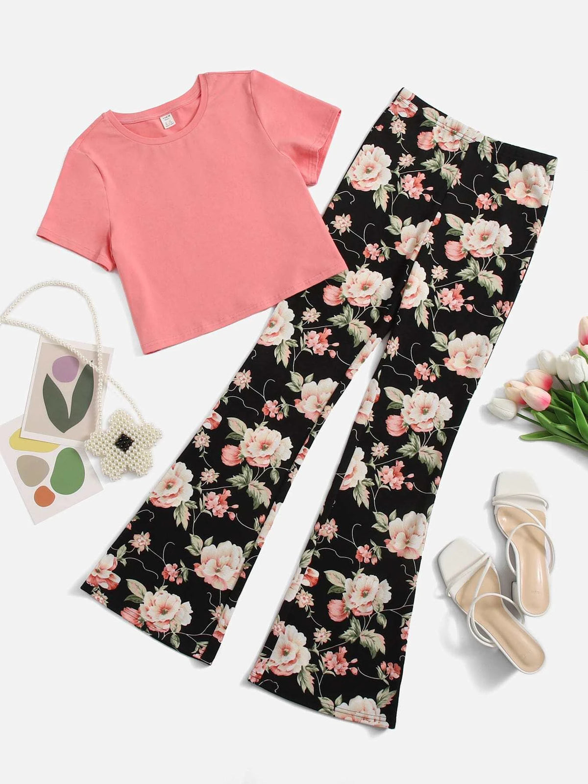 Teen Girls Round Neck Top & Floral Print Flare Leg Pants