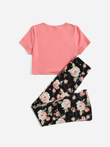 Teen Girls Round Neck Top & Floral Print Flare Leg Pants