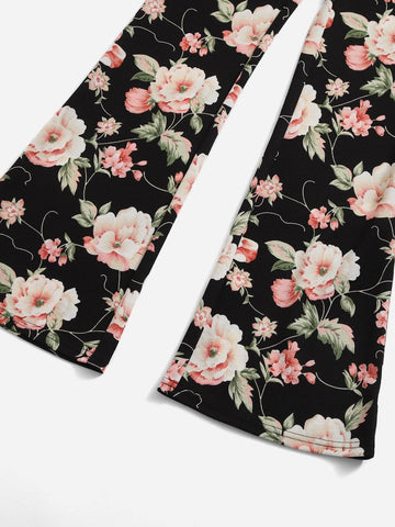 Teen Girls Round Neck Top & Floral Print Flare Leg Pants