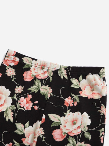 Teen Girls Round Neck Top & Floral Print Flare Leg Pants
