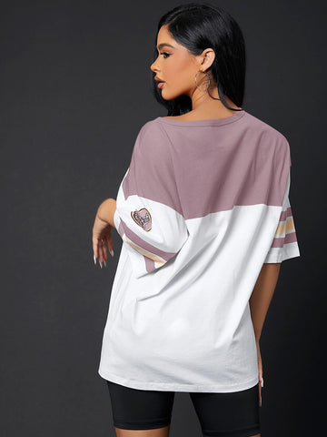 Colorblock & Letter Graphic Drop Shoulder Longline Tee
