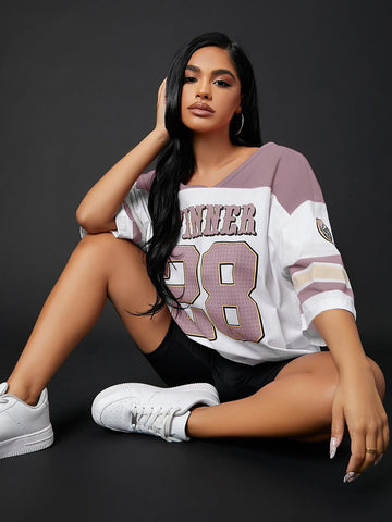 Colorblock & Letter Graphic Drop Shoulder Longline Tee