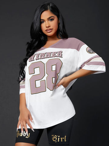 Colorblock & Letter Graphic Drop Shoulder Longline Tee