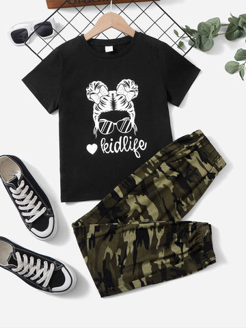 Girls Letter & Camo Print Tee & Pants
