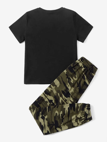 Girls Letter & Camo Print Tee & Pants