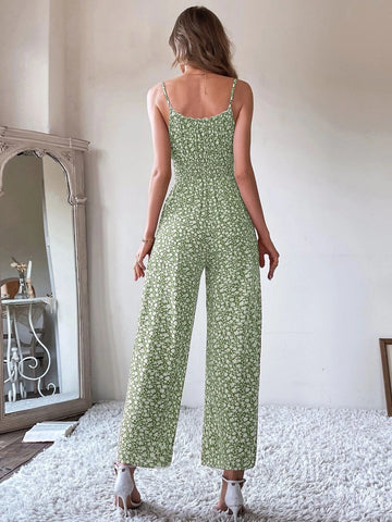 Ditsy Floral Tie Front Shirred Waist Cami Jumpsuit