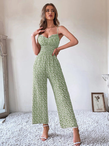 Ditsy Floral Tie Front Shirred Waist Cami Jumpsuit