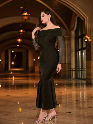 Off Shoulder Mermaid Hem Glitter Prom Dress