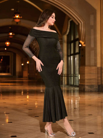 Off Shoulder Mermaid Hem Glitter Prom Dress