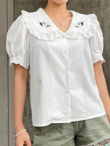 DAZY Floral Embroidery Statement Collar Puff Sleeve Shirt