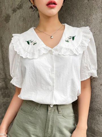 DAZY Floral Embroidery Statement Collar Puff Sleeve Shirt