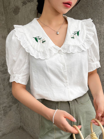 DAZY Floral Embroidery Statement Collar Puff Sleeve Shirt