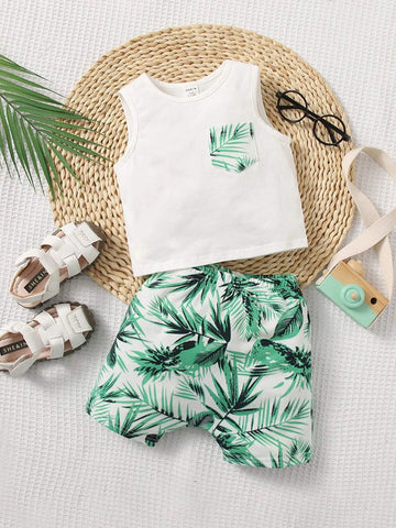 Baby Tropical Print Patched Pocket Tank Top & Shorts