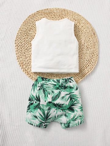 Baby Tropical Print Patched Pocket Tank Top & Shorts