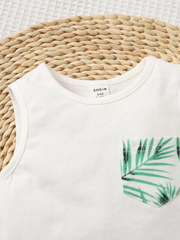 Baby Tropical Print Patched Pocket Tank Top & Shorts