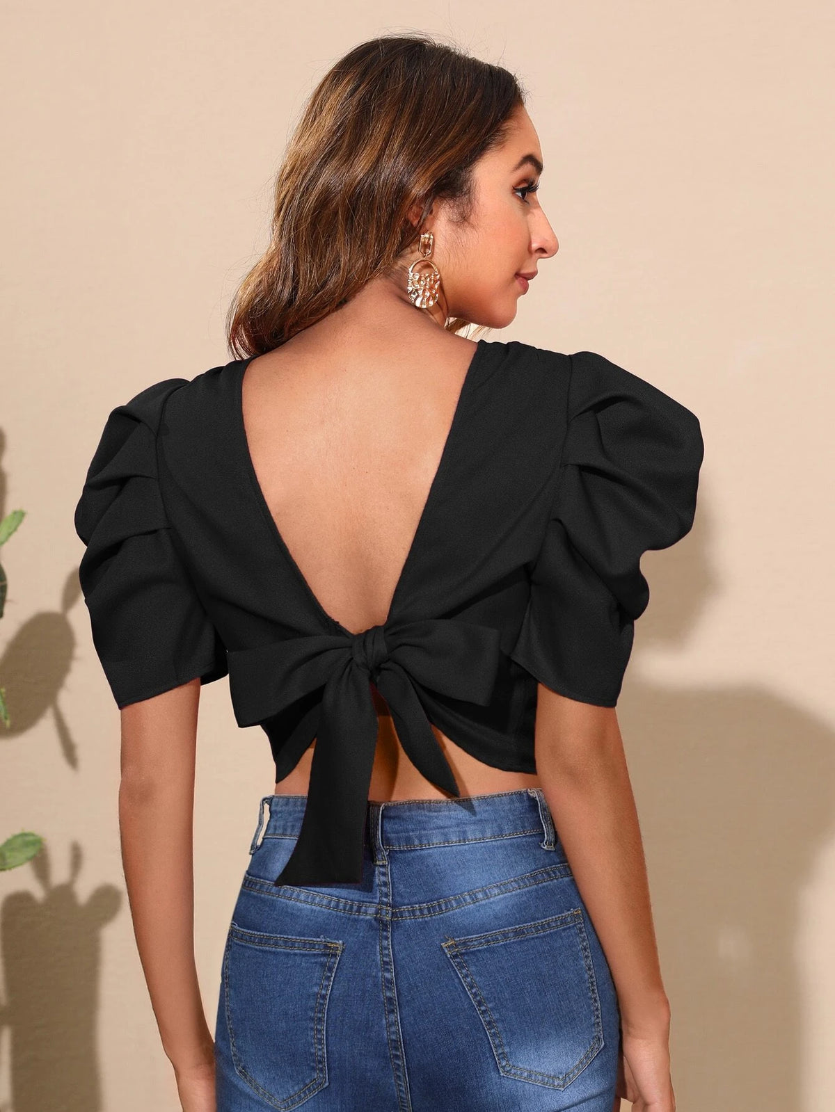 VCAY Puff Sleeve Tie Back Blouse