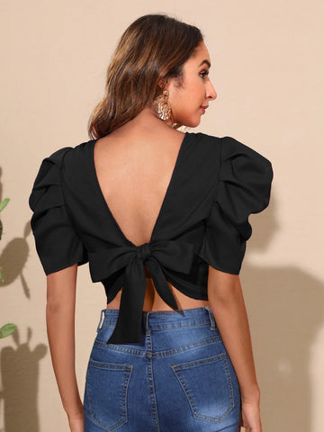 VCAY Puff Sleeve Tie Back Blouse
