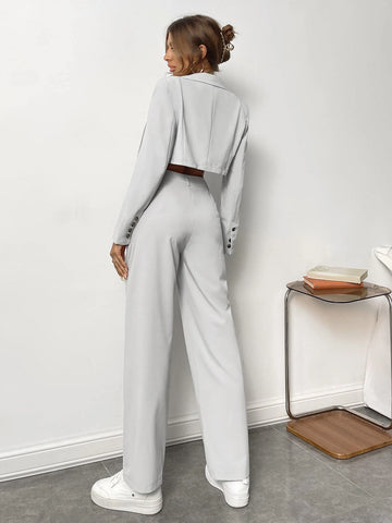 Solid Crop Blazer & Plicated Detail Tailored Pants