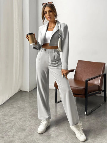 Solid Crop Blazer & Plicated Detail Tailored Pants
