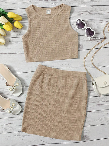 Girls Solid Tank Top & Skirt