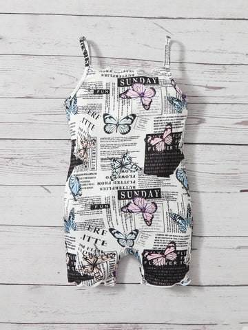 Baby Butterfly & Slogan Graphic Lettuce Trim Cami Romper