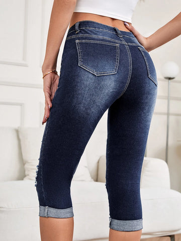 Button Fly Ripped Roll Hem Skinny Capri Jeans