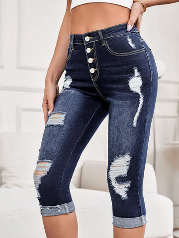 Button Fly Ripped Roll Hem Skinny Capri Jeans
