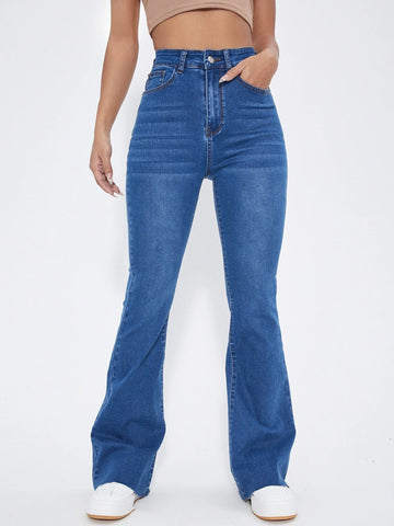 High Waist Patch Detail Raw Cut Flare Leg Jeans