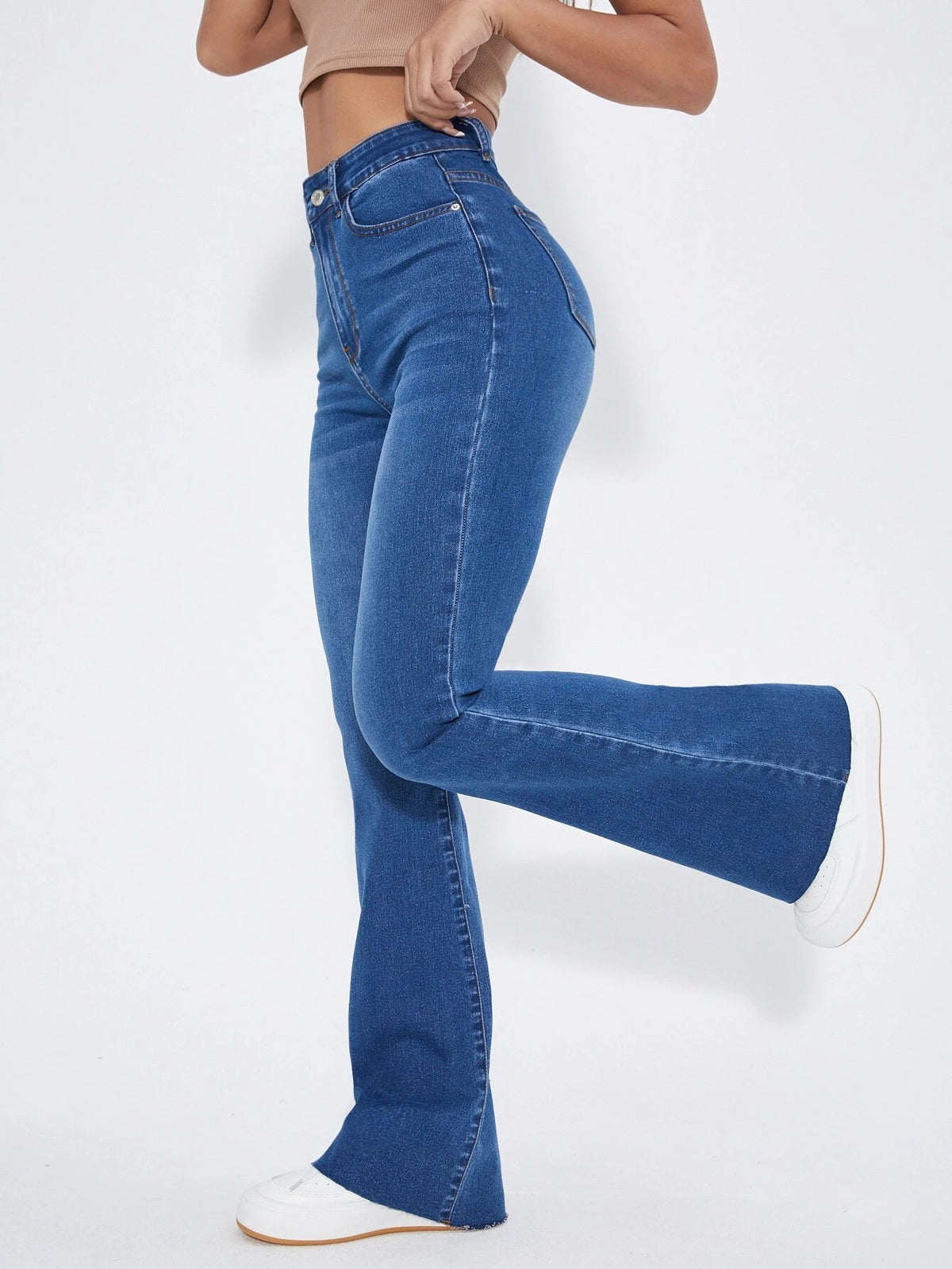 High Waist Patch Detail Raw Cut Flare Leg Jeans