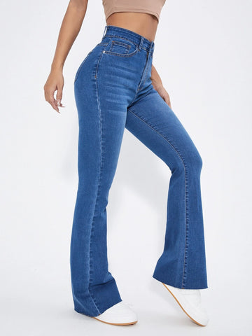 High Waist Patch Detail Raw Cut Flare Leg Jeans