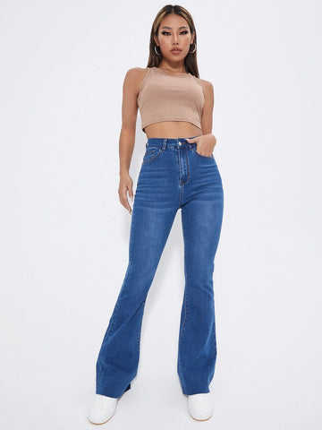 High Waist Patch Detail Raw Cut Flare Leg Jeans