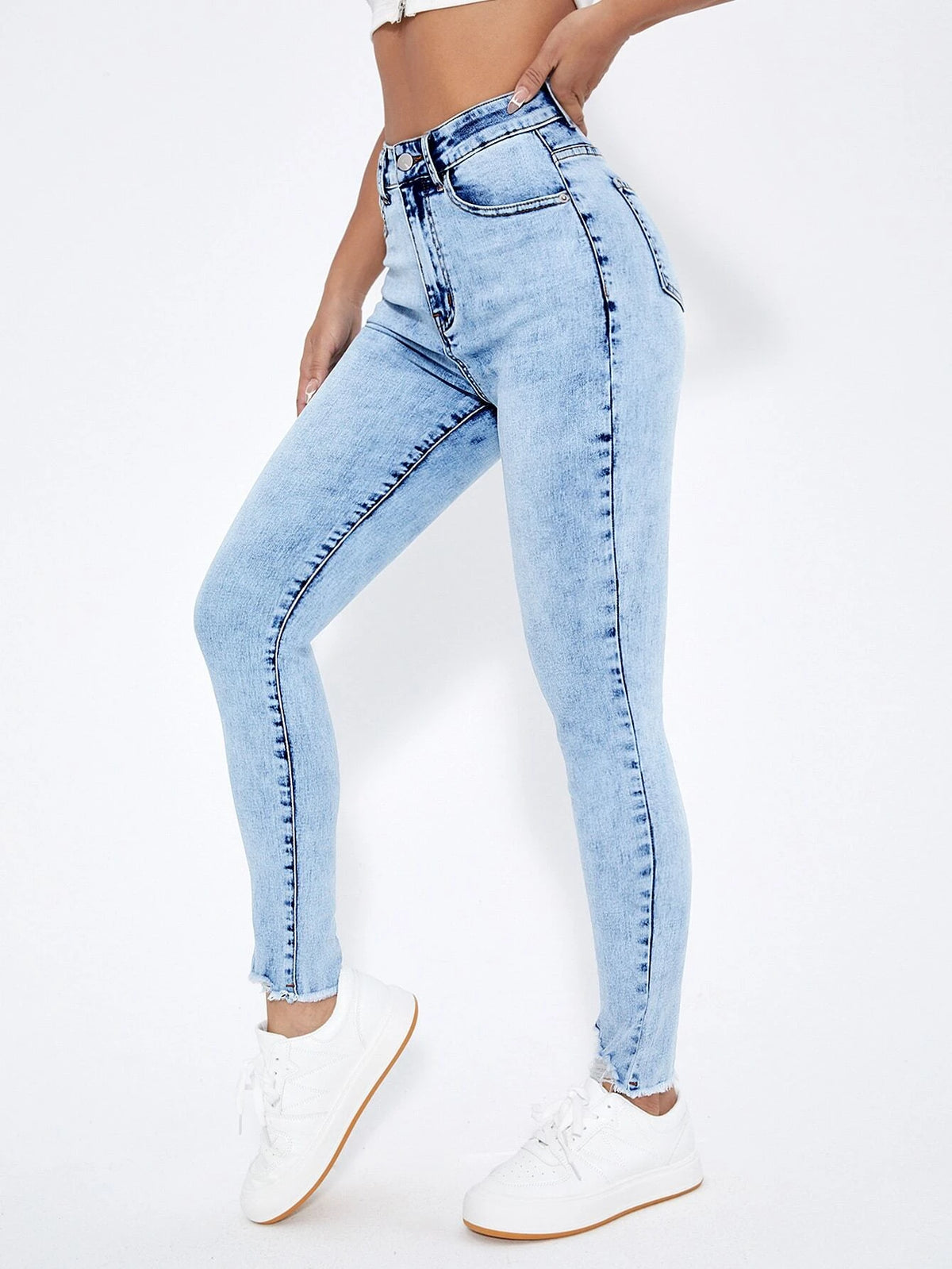High Waist Raw Trim Skinny Jeans
