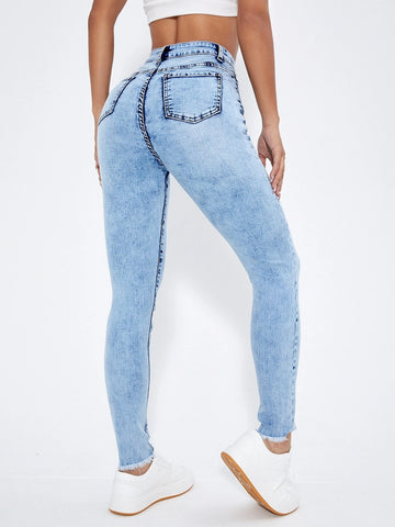 High Waist Raw Trim Skinny Jeans