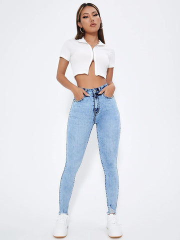 High Waist Raw Trim Skinny Jeans