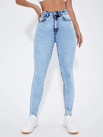 High Waist Raw Trim Skinny Jeans