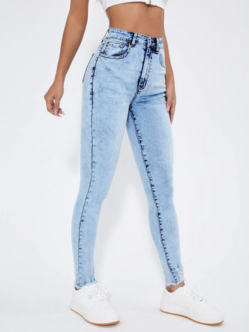 High Waist Raw Trim Skinny Jeans