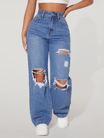 PETITE High Waist Ripped Straight Leg Jeans