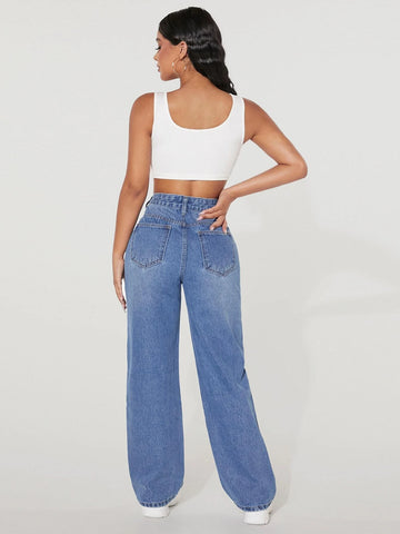 PETITE High Waist Ripped Straight Leg Jeans